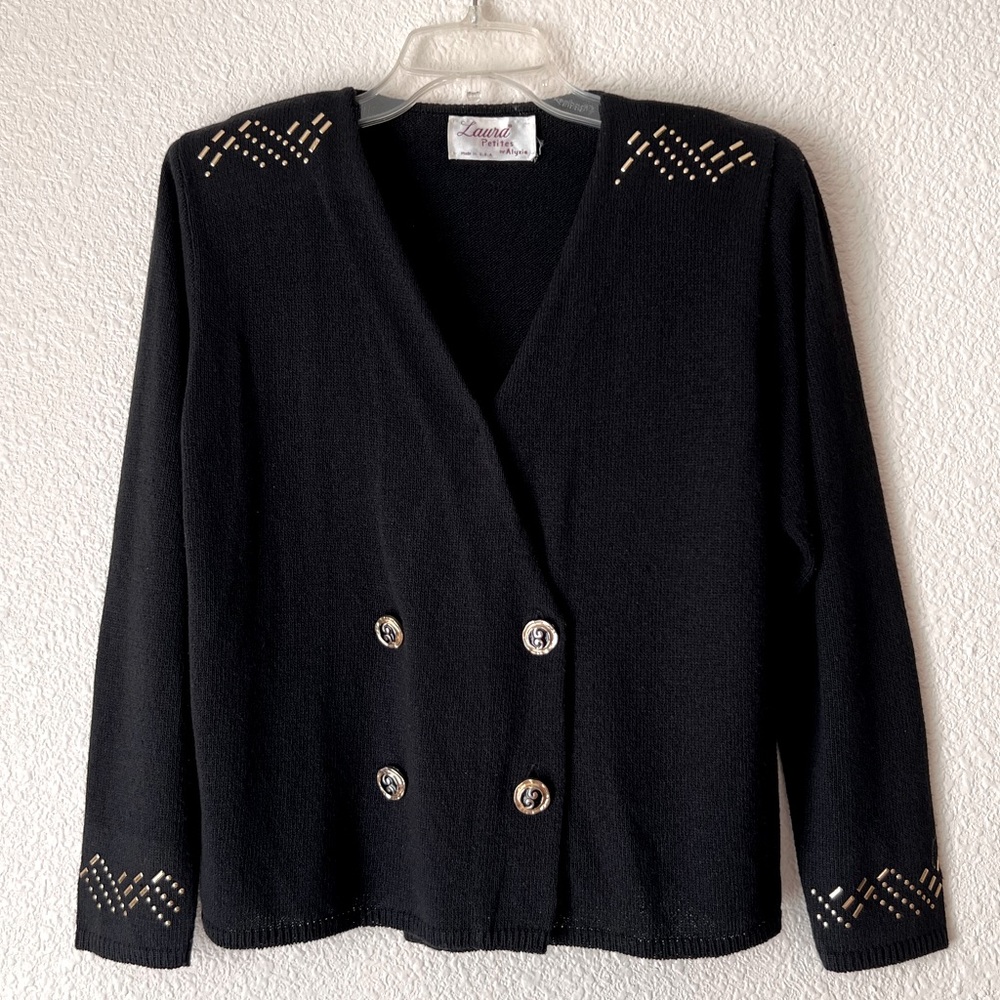 Vintage Laura petites double breasted sweater cardigan black studded Sz 10